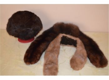 Mink Fur Collar Scarf  With Clips And Hat