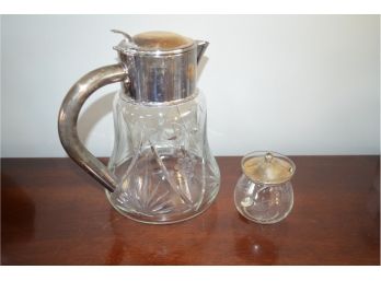 Glass Pitcher Silver Plate Top And Jelly Jar