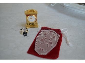 (#41) Swarovski Lady Bug, Waterford Ornament, Mini Quartz Clock