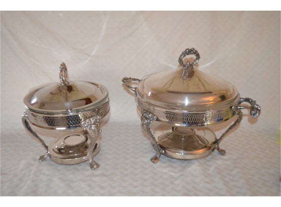 (#11) Silver Plate Casserole Serving With Pyrex Insert 10.5' R (one Handle Broken) And 8'R