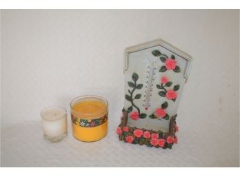 (#63) Resin Garden Wall Hanging Thermometer, 2 Jar Candles
