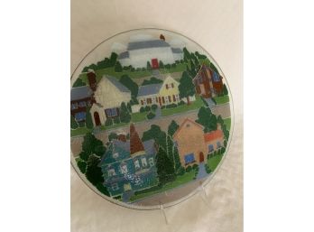 (#8) Art Glass Plate Art Country Neighborhood Town 13.5'