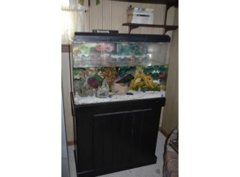 Fish Tank PlexiGlass Gallon? With Wood Base Cabinet - Filter Not Tested - As Is With Water(see Details)
