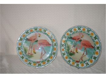 (#5) Art Glass Plate And Bowl Flamingo 13' - See Details