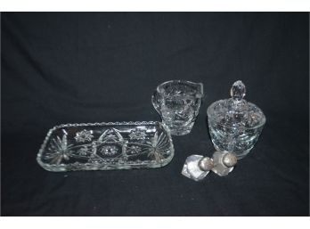 (#28) Glass Tray, Sugar And Creamer , Salt And Pepper Shaker