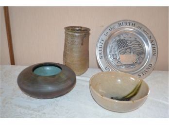 (#11) Weinberg Pottery Vase (1 Small Chip), Pottery Bowl And Vase, Pewter Tray