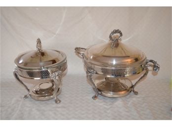 (#11) Silver Plate Casserole Serving With Pyrex Insert 10.5' R (one Handle Broken) And 8'R
