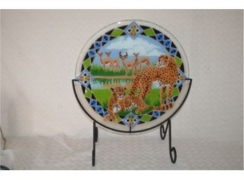 (#6) Art Glass Plate Leopard With Stand 13.5'