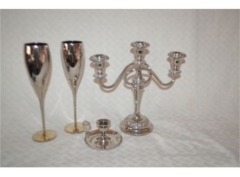(#24) Silver-plate Candelabra, Pair Of Silver-plate Champagne