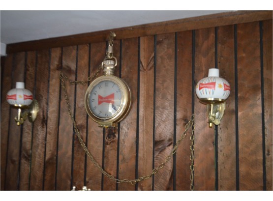 (#172) Vintage Budweiser Lighted Clock (1) And Lighted Sconces (2) - Works (see Details For Measurements)