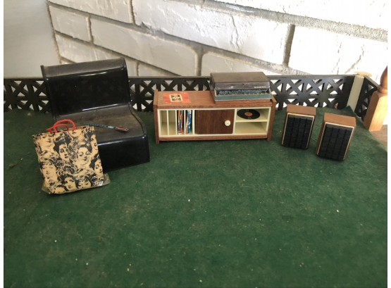 (#310) Doll House Furniture: Music Room- Record Player, Cabinet, Speakers, Chair,records