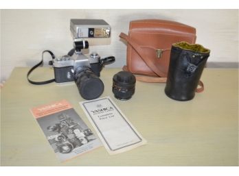 (#48) Vintage Yashica 35mm Camera With 2 Lenses, Kodak Flash With Case