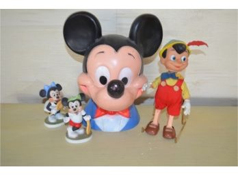 (#23) Mickey Plastic Bank, Ceramic Minnie And Mikey Figurines, Disney Pinocchio