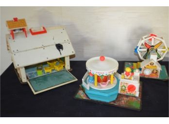 (#124) Vintage Fisher Price Children Toys (school House, Ferries Wheel, Carousel) Pieces Missing