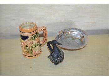 (#36) Abalone Shell, Beer Stein Mug, Duck Figurine