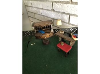 (#317)  Doll House Furniture: Vintage Sewing Machine, Desk  Lamp, Duster, Brass Clock