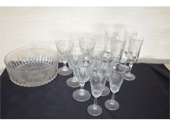 (#43) Glass Salad Bowl, And Assortment Of Wine Glasses