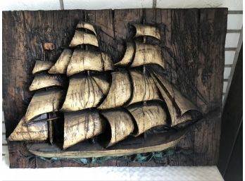 (#323)  3D Wall Sculpture Spanish Ship  - Made Of Solid Vanathane By Vanguard Studio 1967