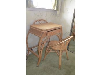 Wicker Vanity Desk And Chairs (some Fraying On Chair Legs) - See Details Measurements