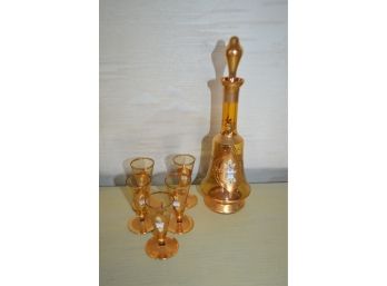 (#9) Czech Bohemian Decanter With 5 Cordial Glasses With Hand-painted Flowers