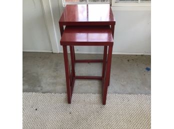 (#343) 2- Red Metal Stacking Side Tables