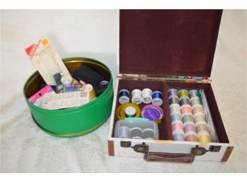 (#157) Sewing Thread Box And Tin With Sewing Notions