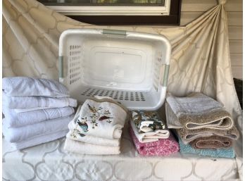 (#361) Assortment Of Towels, Bathmats, &  Martha Stewart Laundry Basket / Small Hole In Laundry Basket