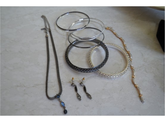 (#22) Assortment Of Costume Silver Bracelets And Necklaces, One Pair Earrings
