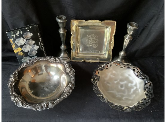 Assorted Silver Plated Items: (2 )bowls : Pair Candle Sticks : Square Tray, Set Of Salt & Pepper Shakers