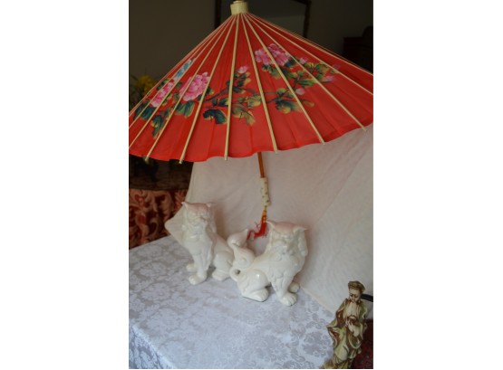 Pair White Ceramic Foos Dogs And Fabric Chinese Umbrella