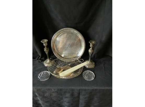 Silver Plate Candle Sticks: Bread Basket : Salad Tongs And Glass Coasters With Candle Sticks