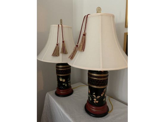 Pair Of Hand-Painted Wooden Table Lamps 40”H