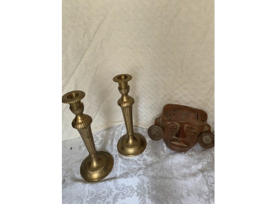 Metal Candle Stick Holders  And Terra Cotta Mask