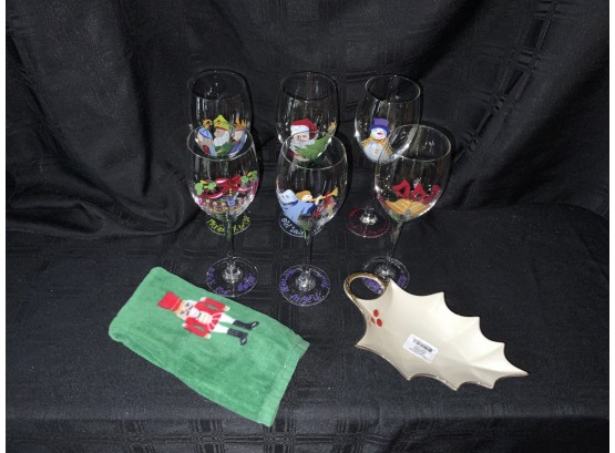 Hand Painted Christmas Wine 1Glasses , Lenox Candy Dish And Hand Towel