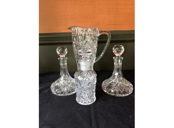 Crystal Water Pitcher &  3 Small Decanters