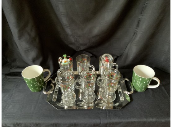 Silver Plate Christmas Tray, (6) Glass Christmas Mugs, (2) Coffee Mugs , (2) Wine Stoppers
