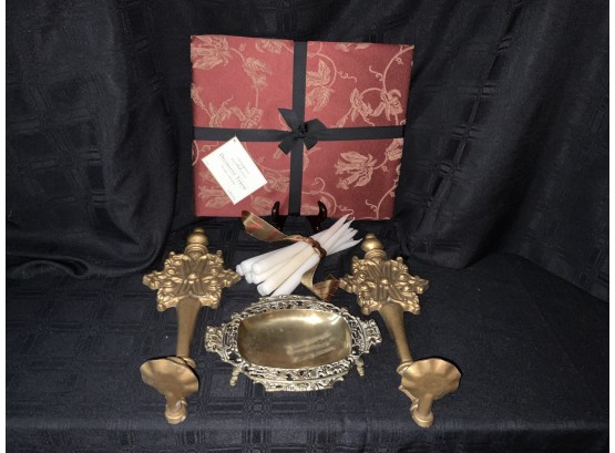 Pair Metal Candle Sconces, Brass Tray , Decorative Throw & Candles