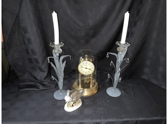 Mantle Clock Metal, Candle Sticks Holders And Ceramic Duck (Japan)