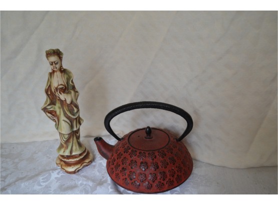 Metal Tea Pot And Asian Figurine