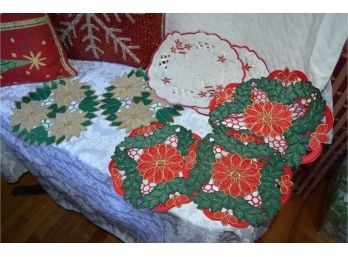 Christmas Accent Pillows (3) And Doilies