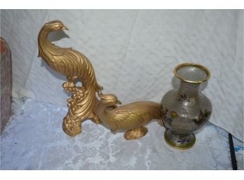 Glass With Etched Brass Cloisonné Vase And Gold Ceramic Birds