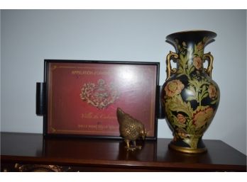 Decortative Vase, Brass Rooster And Wooden Serving Tray