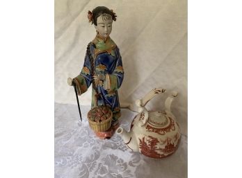 Asian Porcelain Doll (Hand Broken) And 1 Cup Tea Pot