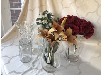 (#361) Collection Of Glass Vases Ranging From 7'- 10'  Faux Flowers