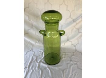 (#342)  Tall Decorative Green Glass Lidded Jar / Has A Repair & Chip On Arms  See Photo's