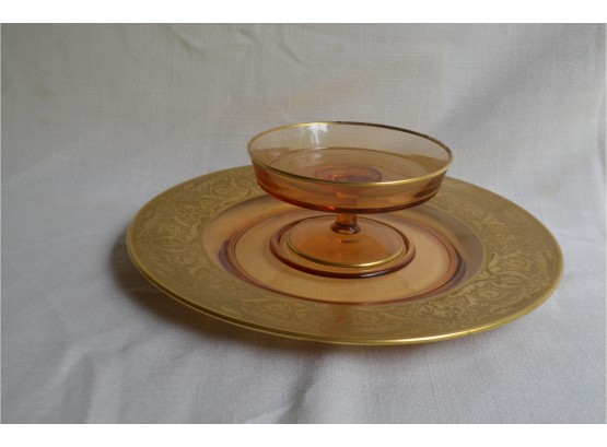 (#87) Vintage Amber Depression Glass Gold Trim Plate And Compote