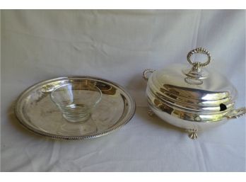 (#94) Silver-plate Covered Tureen W&S Backernton And Silver-plate Crudites Silver Mitts