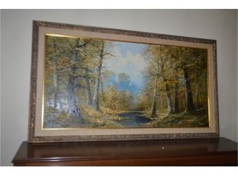(#72) Large Framed Picture Forest With Water Stream Artist J. Kugler
