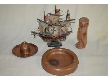 (#50) Wooden Ship, Wood Owl Sculpture, Copper Ash Tray