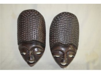 (#53) Pair Of  Carved Wooden Tribal Face Mask Wall Art Hanging Folk Art  13'Hx7'W